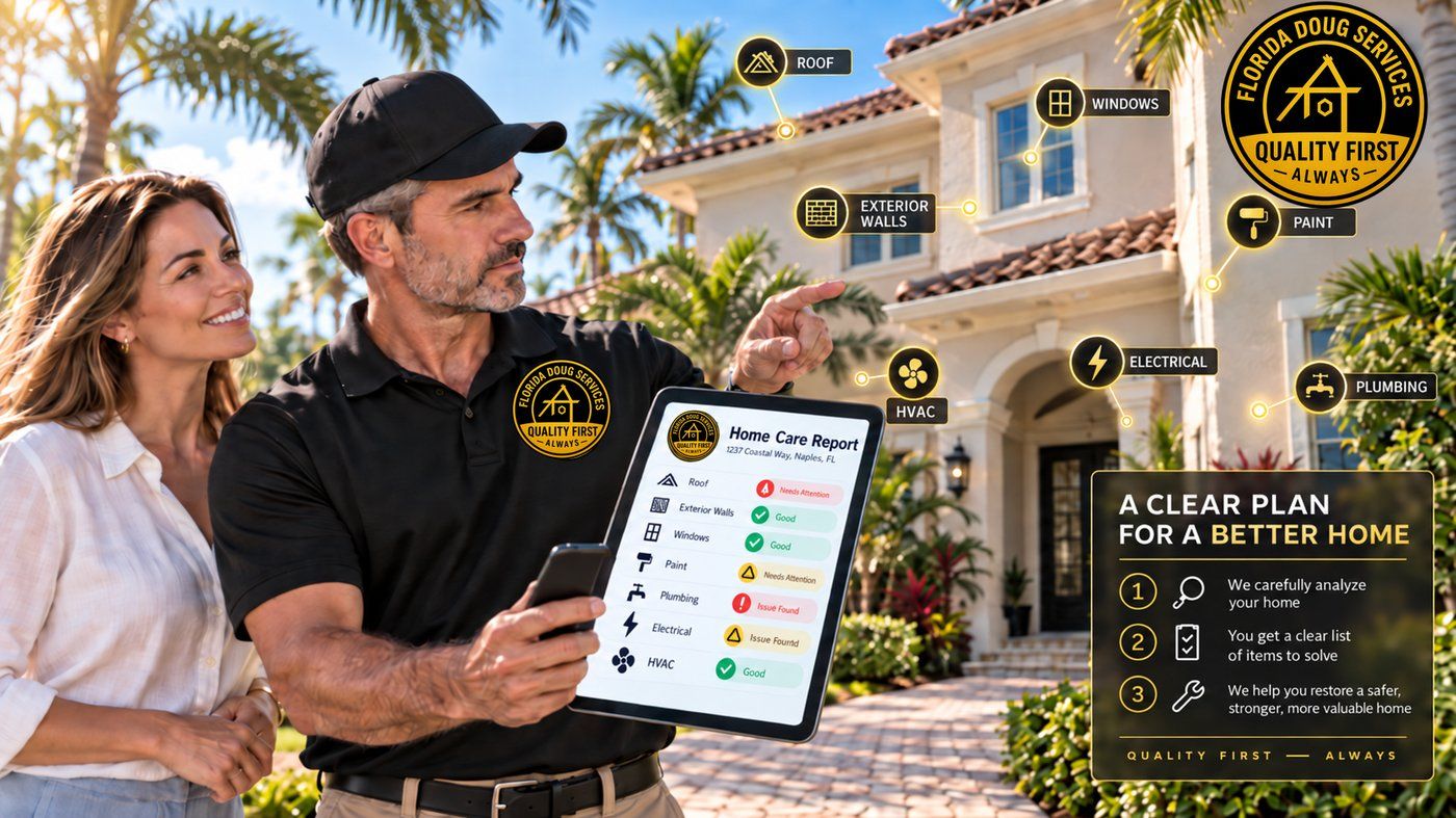 An FD Home Care technician shows a homeowner a Home Care Report on a tablet in front of her Florida home, with inspection points marked for the roof, windows, exterior walls and paint.
